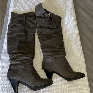 Grey thigh high heeled boots